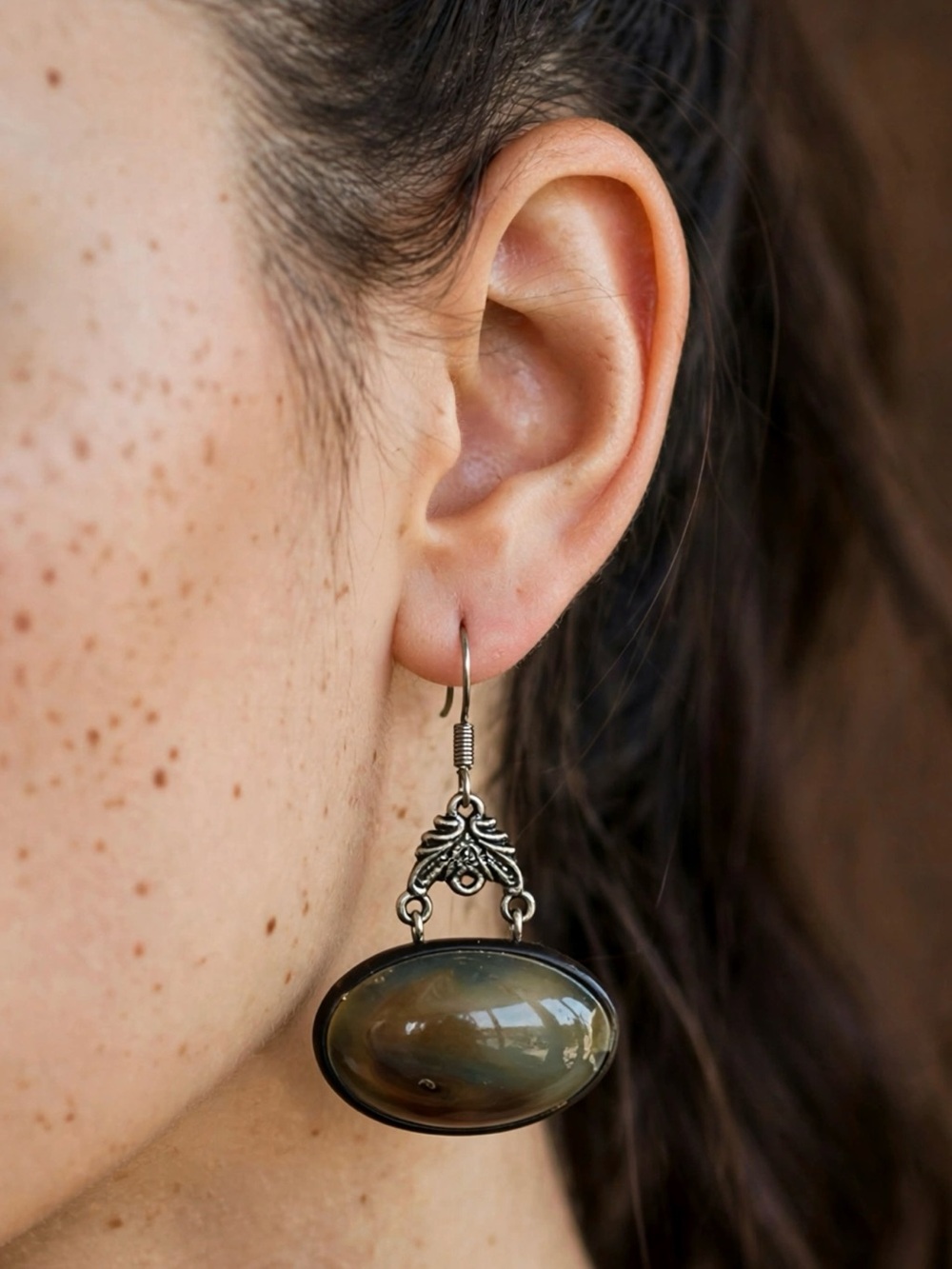 New Amimi Handmade Cow Horn Oval Dangle Earrings S925 Silver Hooks Boho Vintage